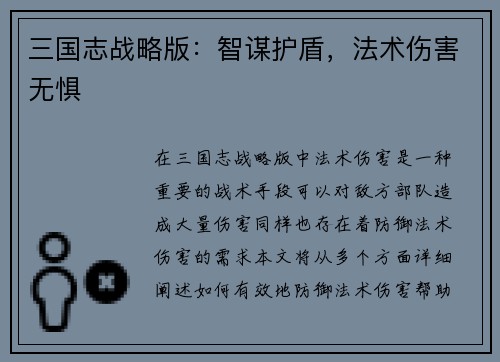 三国志战略版：智谋护盾，法术伤害无惧